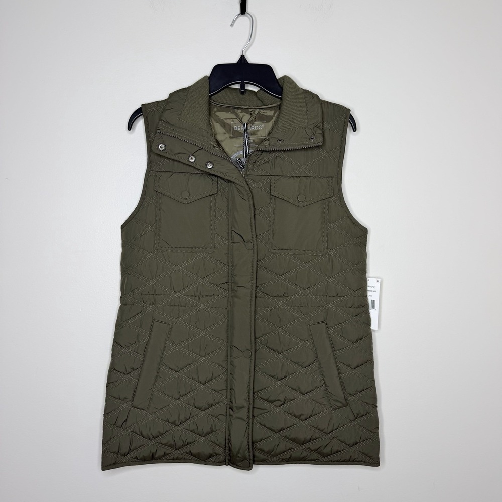 Bernardo Women's Small Funnel Neck Utility Liner Vest Olive Green Quilted
